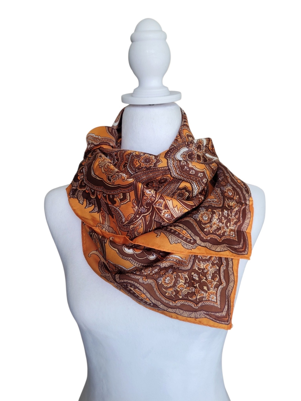 Vintage Paisley Scarf Square Brown Pumpkin White 70s